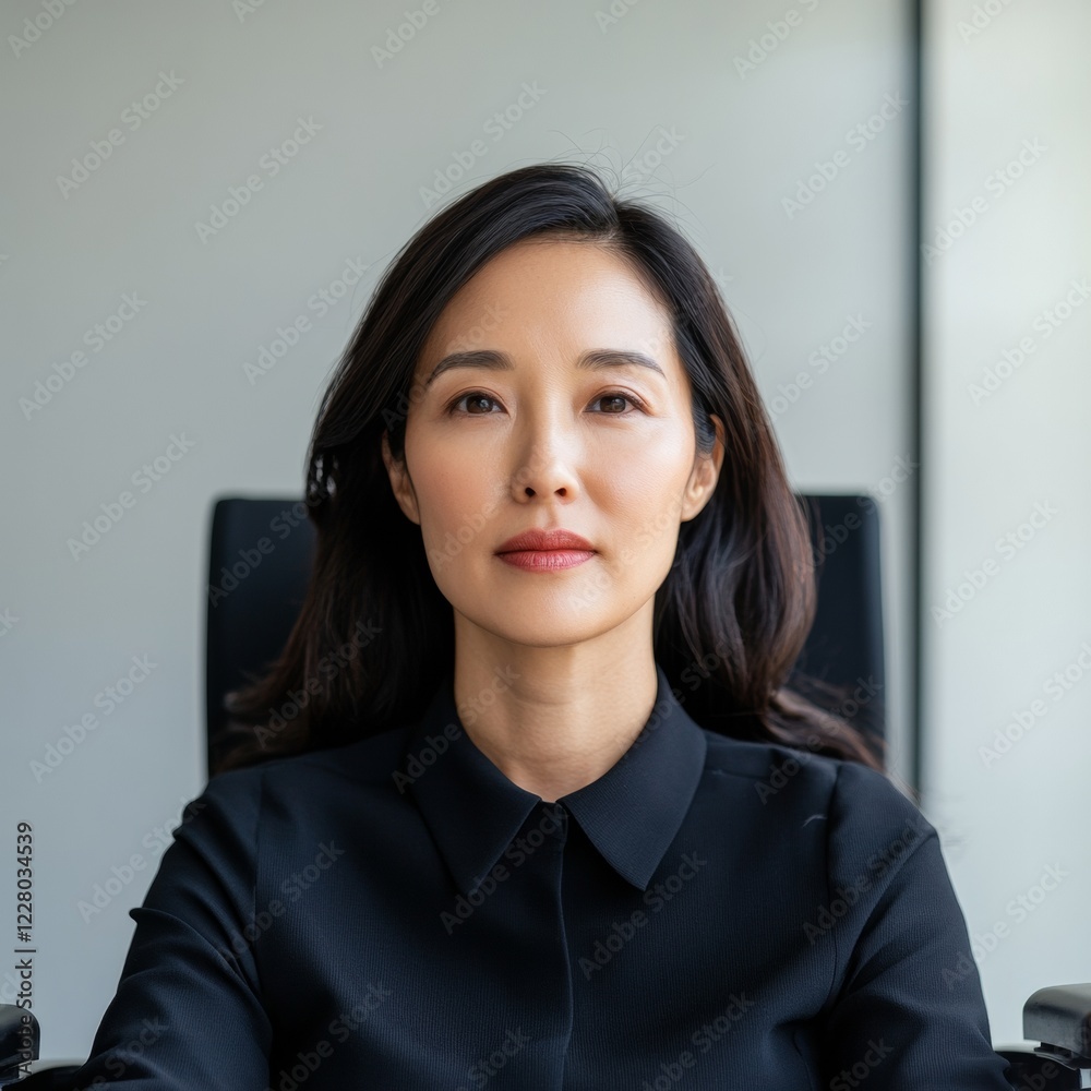 Fototapeta premium Modern Inclusive Leadership Portrait Asian Woman in Wheelchair Leading Boardroom - Empowerment, Corporate Governance and Diversity in Business Settings