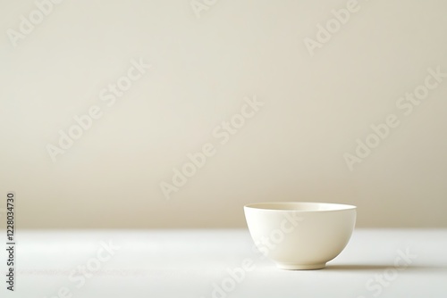 A simple white ceramic bowl sits on a white surface against a minimalist background.