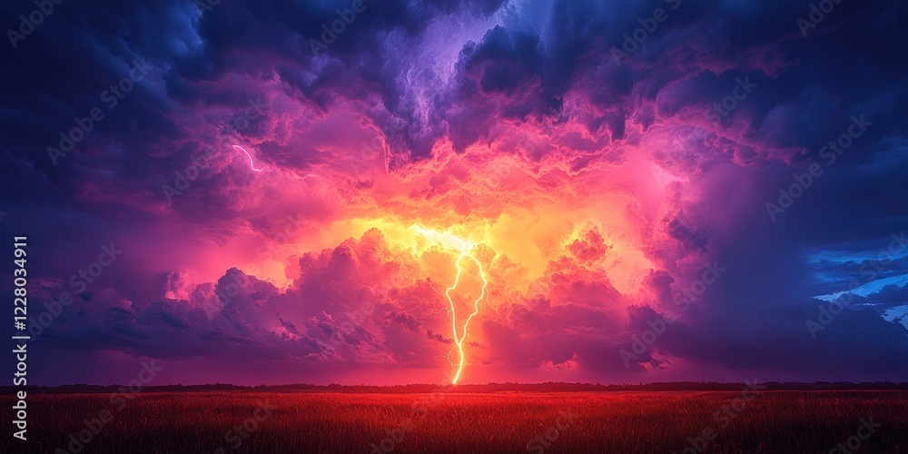 Fototapeta premium Dramatic lightning strike illuminates vibrant storm clouds over open field at sunset
