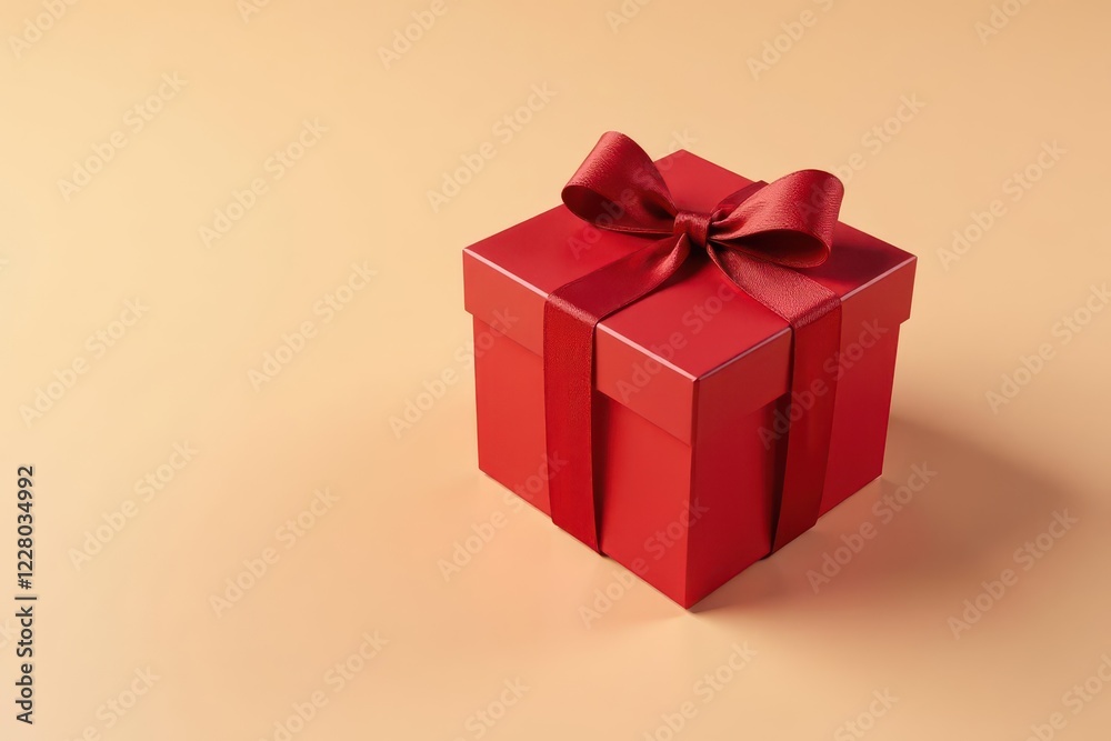 Fototapeta premium Red gift box on beige background with soft shadows, luxurious, colorful