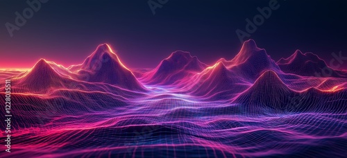 Digital landscape showcasing vibrant purple and pink mountains under a starry night sky