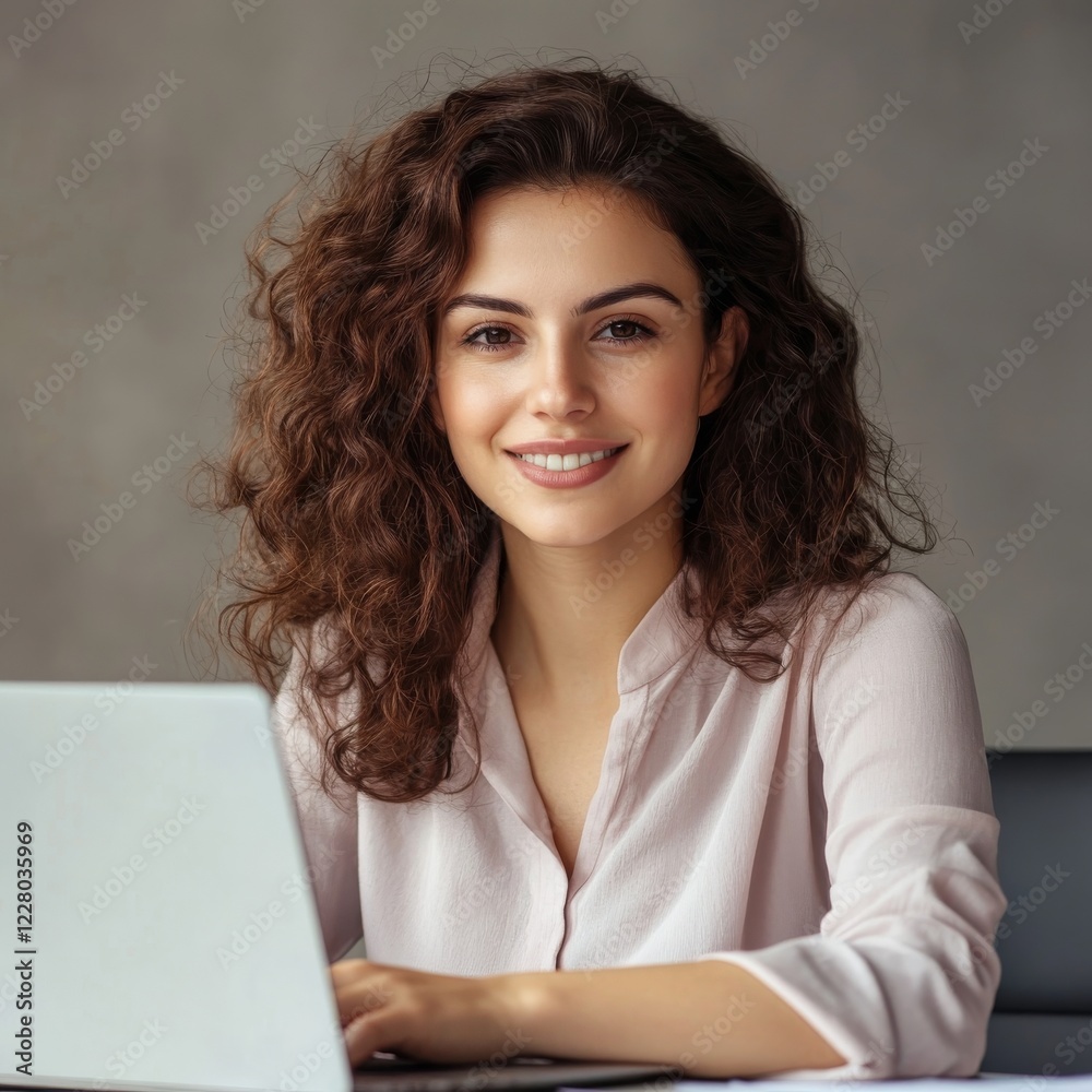 Elegant corporate woman with curly brown hair, wearing a stylish pastel blouse, sitting at a sleek desk with a laptop, warm office lighting, subtle smile, modern and minimalist workspace Elegant corporate woman with curly brown hair, wearing a stylish pastel blouse, sitting at a sleek desk with a laptop, warm office lighting, subtle smile, modern and minimalist workspace