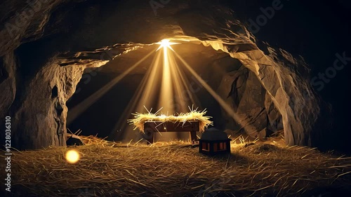 Glowing Nativity Manger in a Cave with Radiant Light Beams and Straw, Symbolizing the Birth of Jesus Christ

