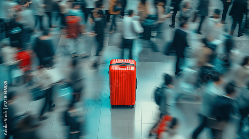 Red Suitcase in a Busy Airport Crowd