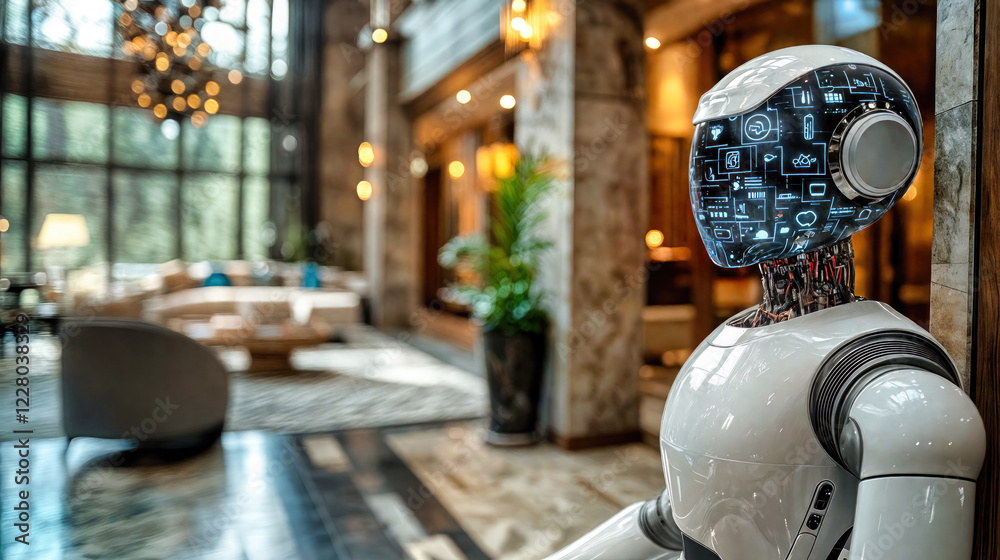 Fototapeta premium service robot with digital interface display head in modern luxury interior space featuring ambient lighting, stone columns, floor to ceiling windows. Future technology meets hospitality concept.