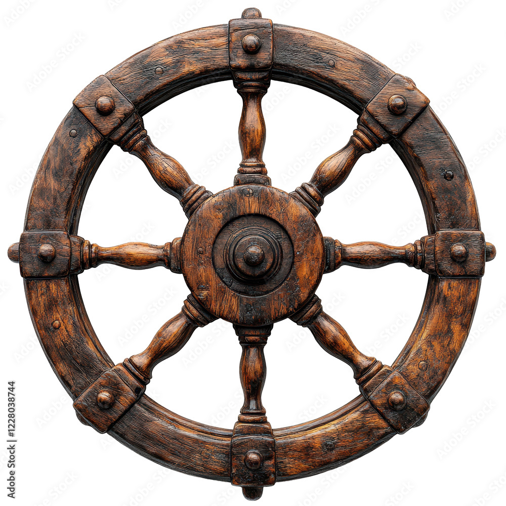 Obraz premium Wooden ship wheel displaying intricate craftsmanship found in a nautical-themed interior setting isolated on transparent background