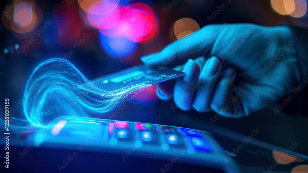 Credit card connected to chip of pos terminal, futuristic view of hand and digital contactless payment. Concept of data, tech, bank, technology. 