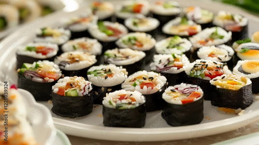 Fresh vegan sushi rolls on white plate, colorful mix of veggies and rice, perfect for lunch or dinner, party or buffet. Delightful mix of nori, cucumber, carrot, avocado Fresh vegan sushi rolls on white plate, colorful mix of veggies and rice, perfect for lunch or dinner, party or buffet. Delightful mix of nori, cucumber, carrot, avocado