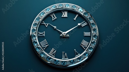 Elegant wall clock with roman numerals and decorative gemstones on a deep blue background showcasing refined craftsmanship. Generative AI