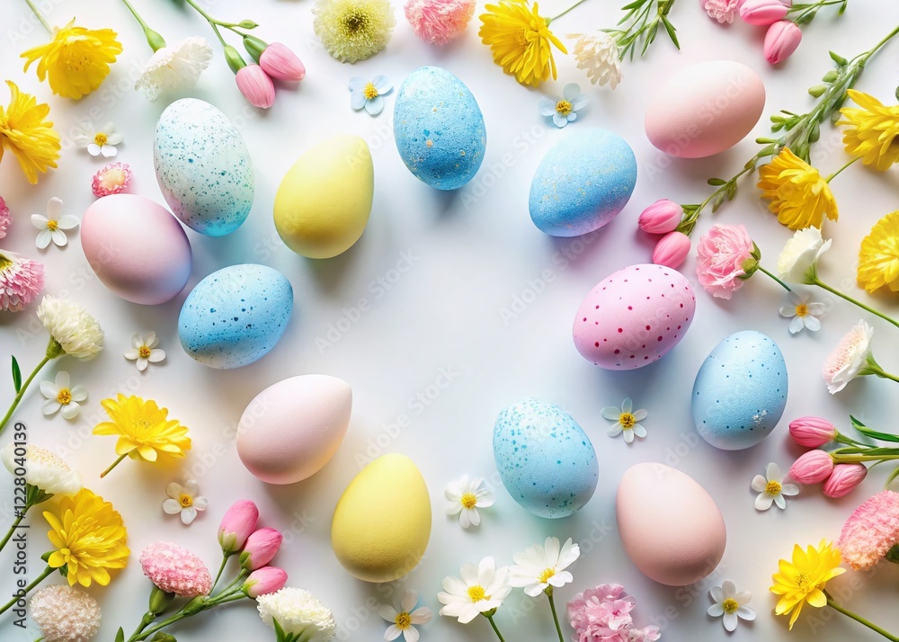 Fototapeta premium Minimalist Easter Floral Background: Pastel Spring Flowers & Eggs on Soft White