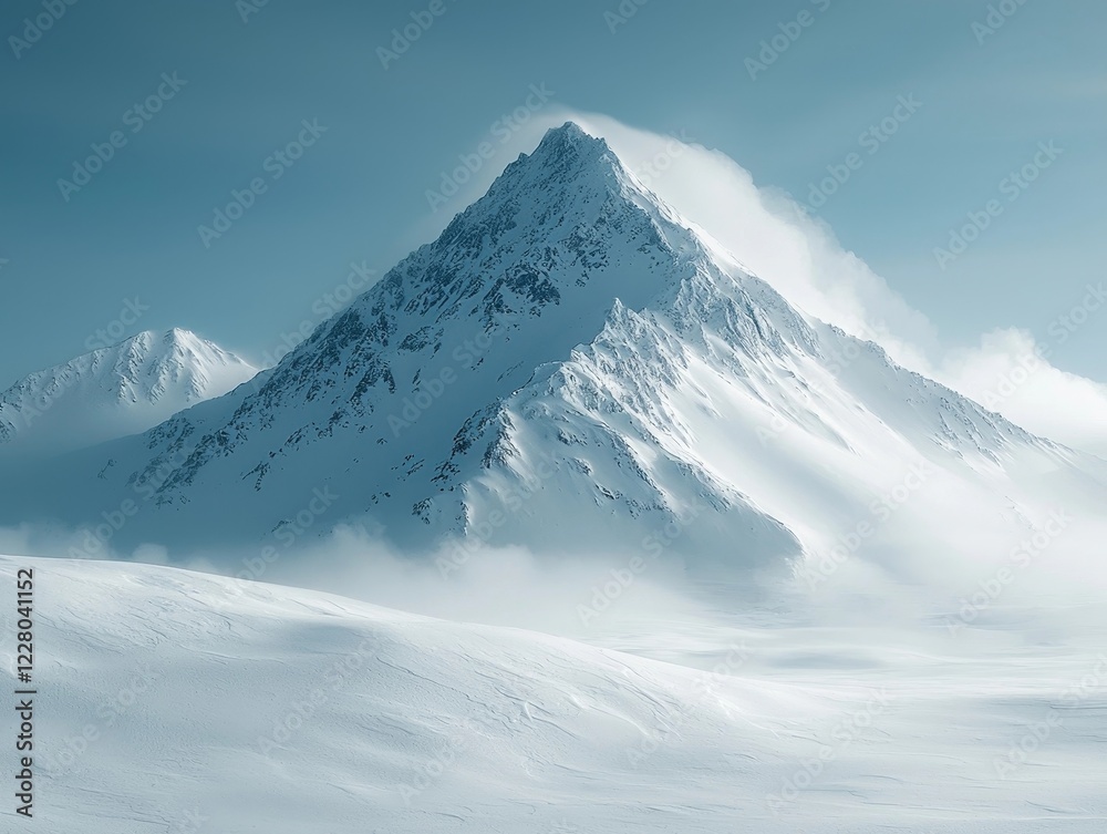 Obraz premium Majestic Snow Capped Mountain Peak Emerging from Swirling Mist under Clear Blue Sky Concept