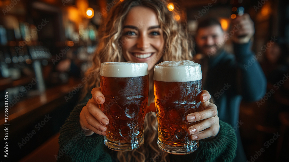Girl holding two glasses of dark beer in the background of a pub.Place for text. St Patrick's Day. Girl holding two glasses of dark beer in the background of a pub.Place for text. St Patrick's Day.