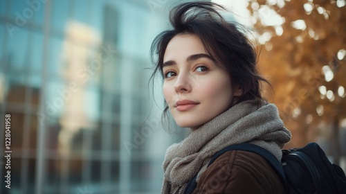 A young woman wearing a scarf, with soft features and a backpack, looks confidently at the camera in a city park with autumn leaves and glass buildings in the background. photo