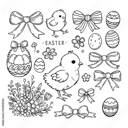 Cartoon collection of Easter elements. Flowers, egs, chickens, bows, leaves, spring bouquet. Easter cute set. Vector linear graphic drawing coloring book.