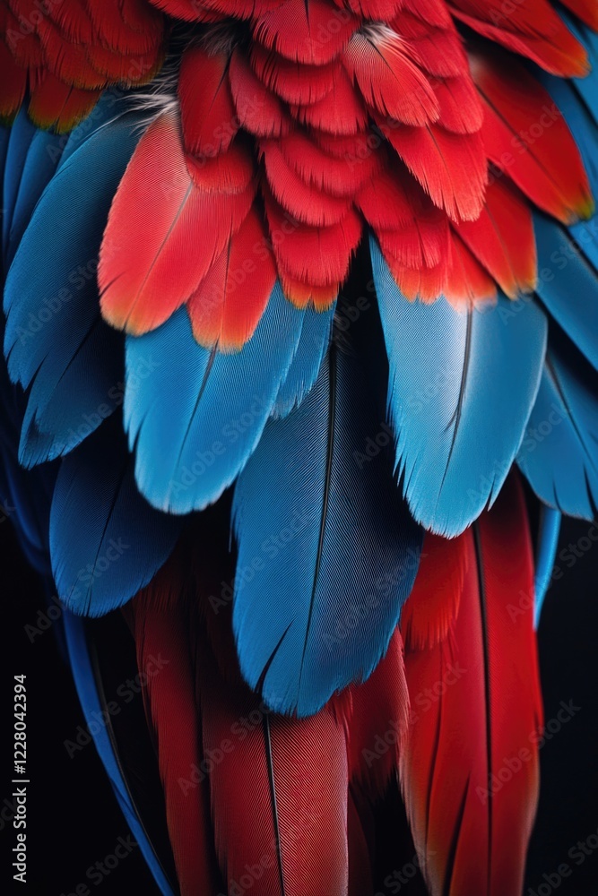 Fototapeta premium The vibrant feathers of a macaw parrot, captured in close-up. Red, blue and yellow feather details that highlight the natural beauty of tropical wildlife.