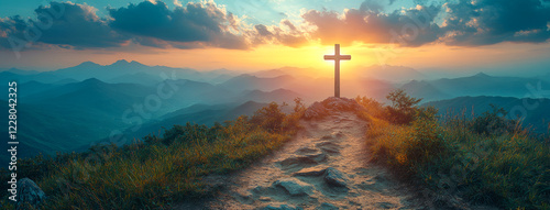 A cross is lit up in the sky above a mountain range. The sun is setting, casting a warm glow over the landscape. The scene is serene and peaceful, with the cross serving as a symbol of hope and faith