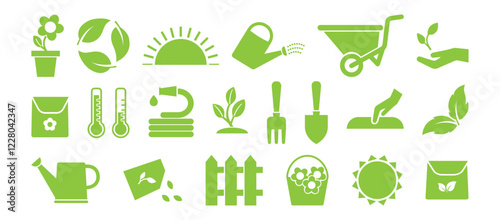 Garden icon, green silhouettes isolated on white background. Shovel, seed, pot,wheelbarrow, water, shears, tree, hose, soil, flower, plant, house gardening. Farm organic set. Vector illustration