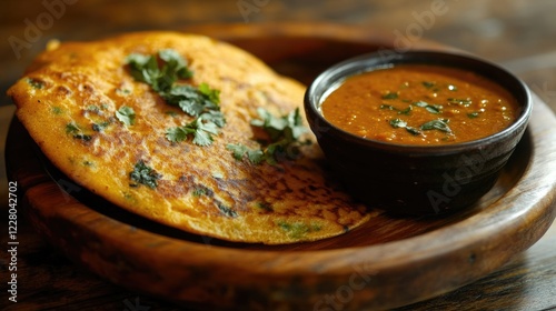 A plate of food with a bowl of soup next to it. The plate has a flatbread and the bowl has a red sauce photo