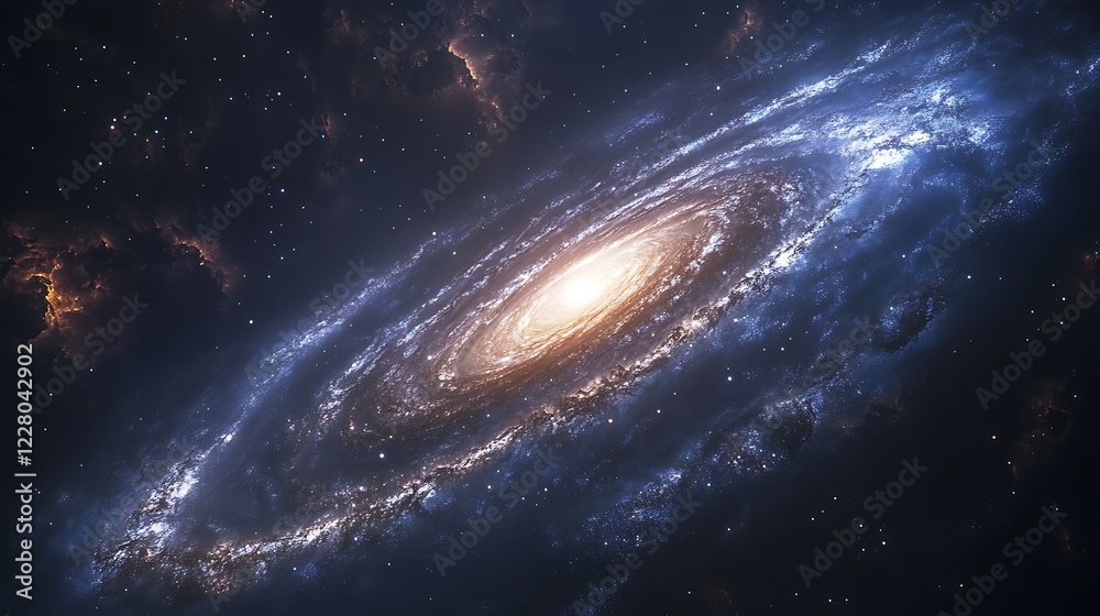 Naklejka premium A spiral galaxy with the Andromeda black hole at its center, viewed from space, showcases intricate details of stars and gas clouds in an awe-inspiring scene of cosmic beauty
