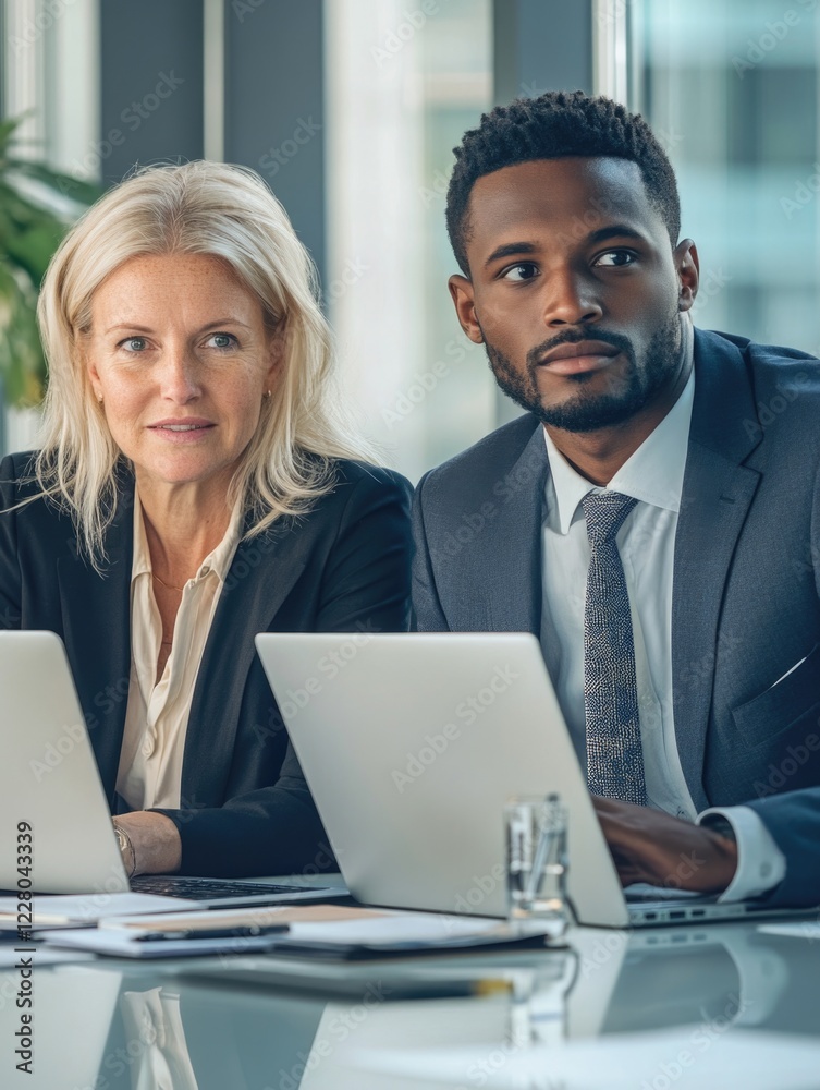 Obraz premium Two business professionals engaging in a focused meeting, surrounded by technology used in their office setting.