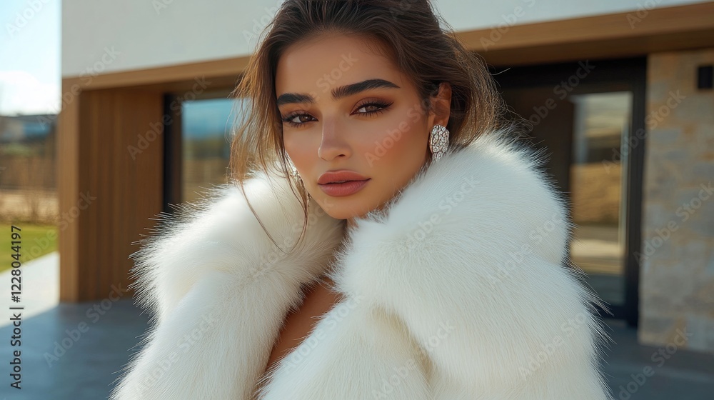 Elegant Woman in Luxury Fur Coat Posing Outdoors Elegant Woman in Luxury Fur Coat Posing Outdoors