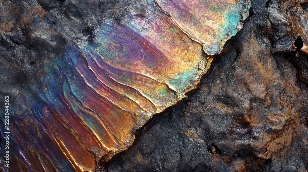 Obraz premium Iridescent oil slick texture with rainbow-like swirls on a dark, glossy surface.