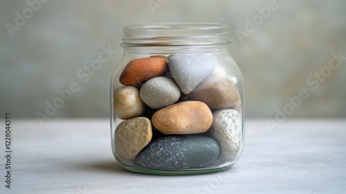 A glass jar filled with rocks of various colors and sizes.