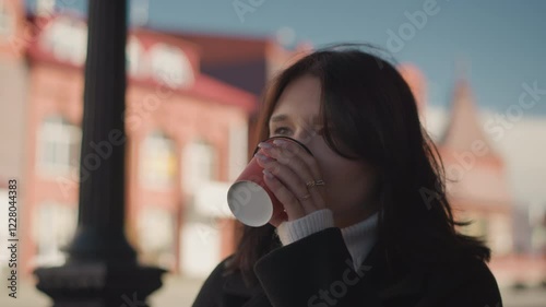Close-up of woman sipping coffee outdoors, fingers adorned with stylish rings, background features blurred red building with clear natural light