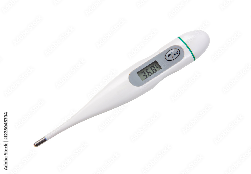 Medical digital thermometer isolated on white, transparent. Body temperature 36.8 Celcius degrees