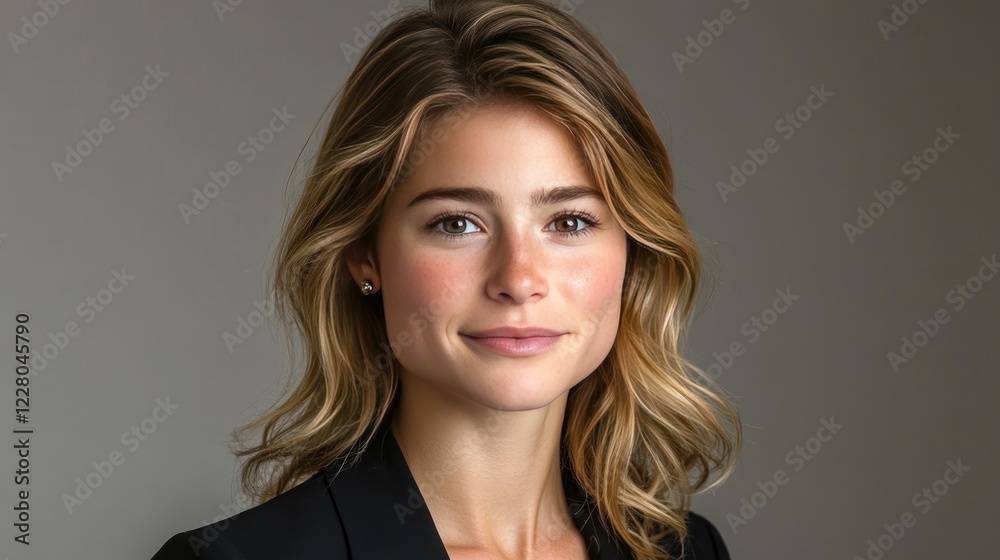 Young Woman with Wavy Hair in Professional Attire Against Neutral Background Smiling Confidently Young Woman with Wavy Hair in Professional Attire Against Neutral Background Smiling Confidently