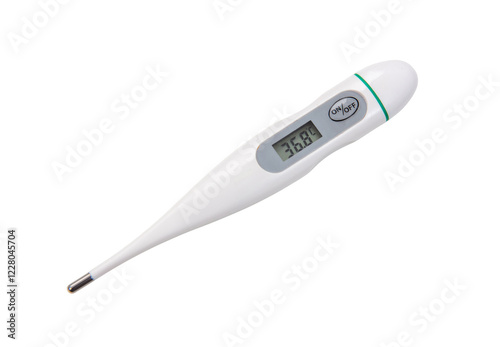 Obraz na płótnie Medical digital thermometer isolated on white, transparent. Body temperature 36.8 Celcius degrees w salonie