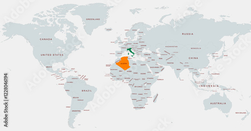 Highlighted World Map Featuring algeria and Italy Locations Marked