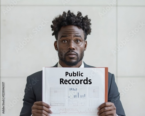 Minimalist Office Black Professional with Open Public Records Folder - Modern Data Transparency and Accountability in E-Government Business Settings photo