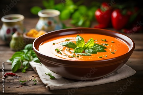 Tomato Soup Garnished With Basil Leaves