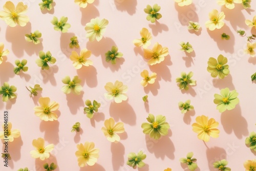 Wallpaper Mural A vibrant collection of yellow flowers on a soft pink background with natural sunlight casting shadows. A textured spring or summer scene. Torontodigital.ca