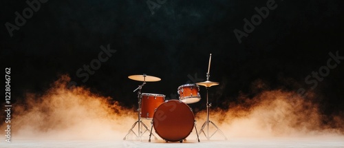Vibrant Stage Drum Kit with Sticks and Smoky Spotlight Effects - Dynamic Music Scene, Brand Promotion for Live Rock Shows, Enhancing Event Energy in Entertainment Industry photo