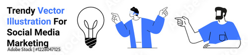 Light bulb idea amidst dynamic individuals gesturing towards solutions. Ideal for innovation, digital marketing, teamwork, learning, tech, communication, flat landing page banner