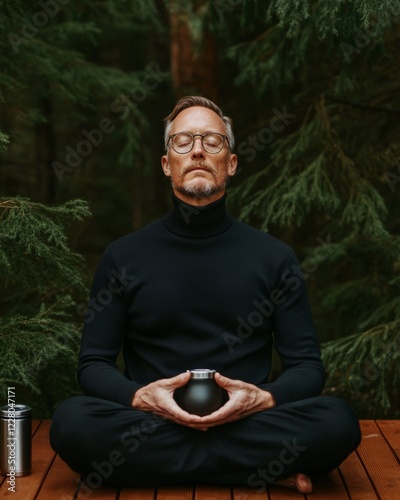 Mindful Forest Retreat Middle-Aged Man Meditating on Wooden Deck in Pine Forest at Dusk - Wellness Content and Eco-Friendly Lifestyle Promotion photo