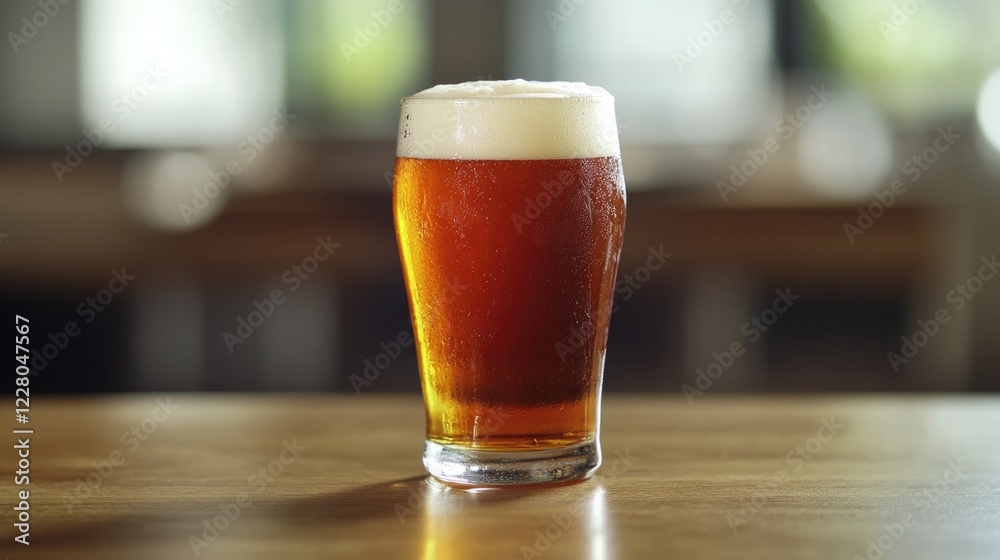 A glass of beer is sitting on a wooden table. The glass is half full and the beer is foamy. Concept of relaxation and enjoyment, as the beer is a popular beverage for unwinding and socializing A glass of beer is sitting on a wooden table. The glass is half full and the beer is foamy. Concept of relaxation and enjoyment, as the beer is a popular beverage for unwinding and socializing