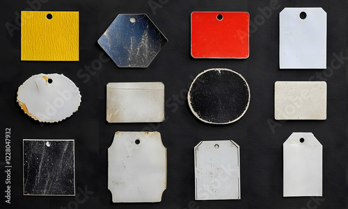 collection of blank old sticker, label, price tag template for mockup. isolated dirty, ripped, half peeled stickers