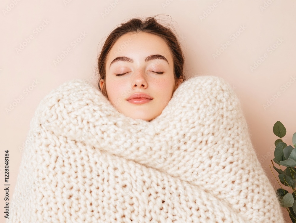 Cocooned Tranquility Young Woman in Cozy Knitted Blanket with Houseplant - Modern Lifestyle Content and Wellness Promotion for Inner Peace and Relaxation
