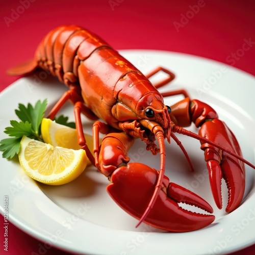 Close-up of vibrant red lobster on white plate, red backdrop, white, plate