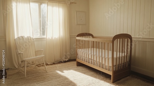 Sunlit nursery with crib and rocking chair.