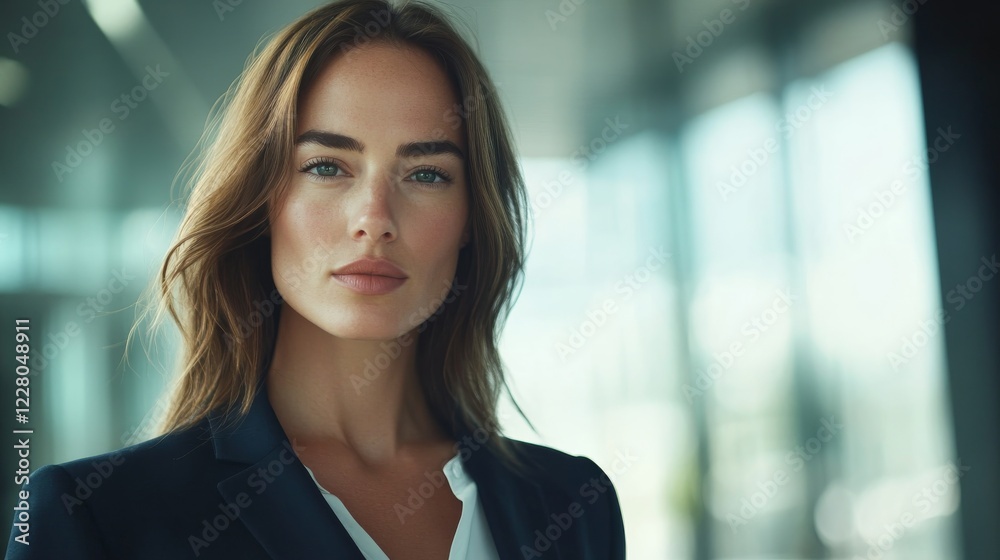 Professional businesswoman with sharp features, wearing a tailored navy suit, standing in a modern glass office, soft natural lighting, confident expression, cinematic depth of field 