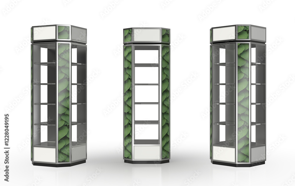 Mockup of metal glass tower display stand with green plant pattern for exhibition or retail. 3d illustration set on white background Mockup of metal glass tower display stand with green plant pattern for exhibition or retail. 3d illustration set on white background