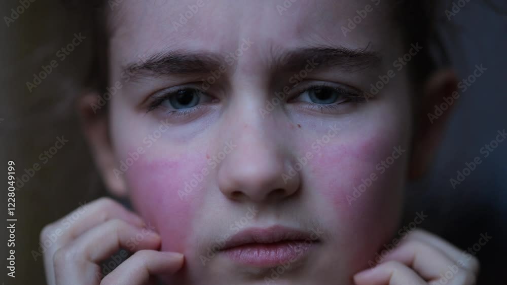 Girl Has Dry Red Skin and Scratching Her Face. Child Scratches Atopic Skin. Dermatitis, Diathesis, Allergy on Child Body and Face. Irritation and Pruritus. Kid Having Allergic Reaction on Skin to Food Girl Has Dry Red Skin and Scratching Her Face. Child Scratches Atopic Skin. Dermatitis, Diathesis, Allergy on Child Body and Face. Irritation and Pruritus. Kid Having Allergic Reaction on Skin to Food