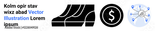 Black shoes symbolize progress, dollar icon represents finance, network links pinpointed locations. Ideal for business strategy, logistics, finance, e-commerce, mobility, growth analytics flat