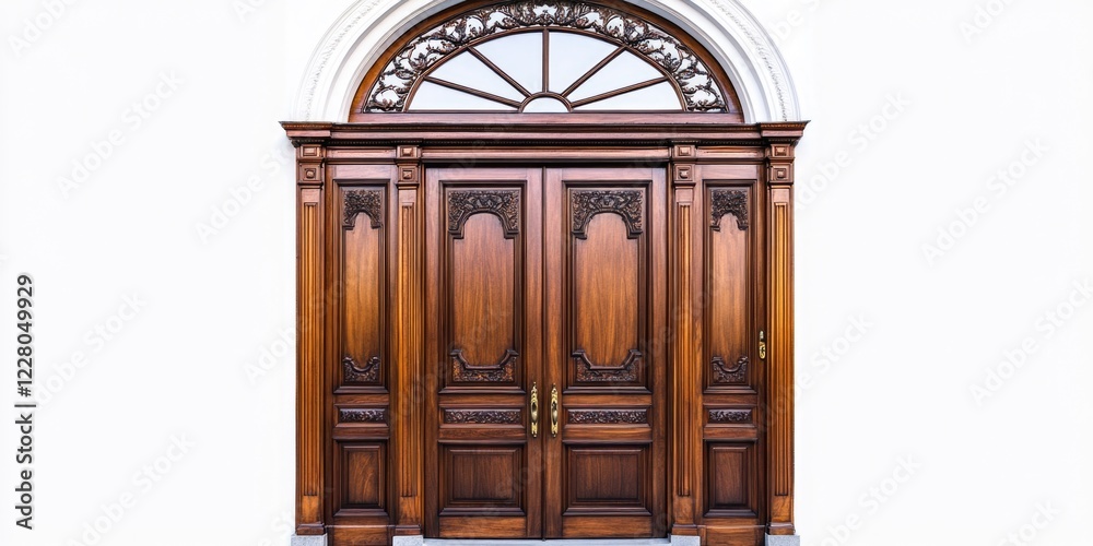 A large wooden door with a window above it. The door is ornate and has a gold handle