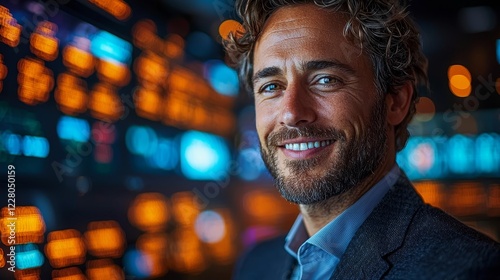 Confident Business Shareholder Smiling Before Surging Market Screen photo