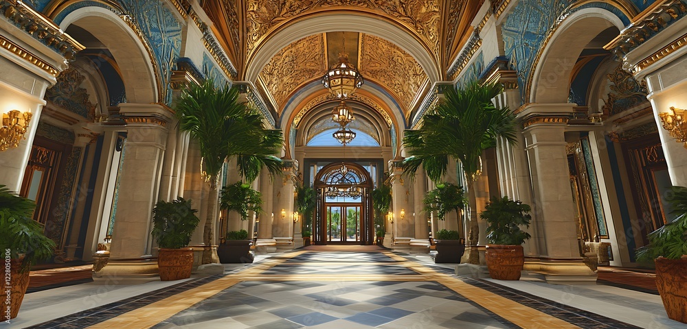 Obraz premium Elegant resort entrance with high ceilings and opulent decorative features